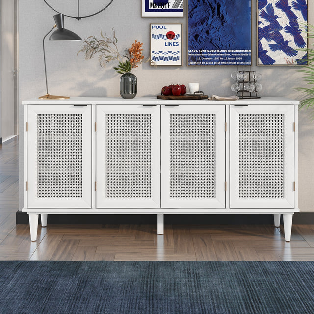 TREXM Large Storage Space Sideboard with Artificial Rattan Door and Unobtrusive Doorknob for Living Room and Entryway (White)