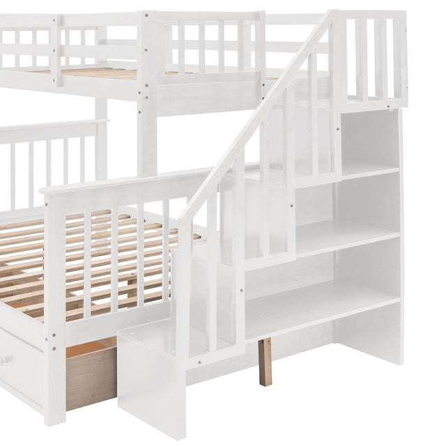 Stairway Twin-Over-Full Bunk Bed with Drawer, Storage and Guard Rail for Bedroom, Dorm, for Adults, White color(OLD SKU :LP000219AAK)