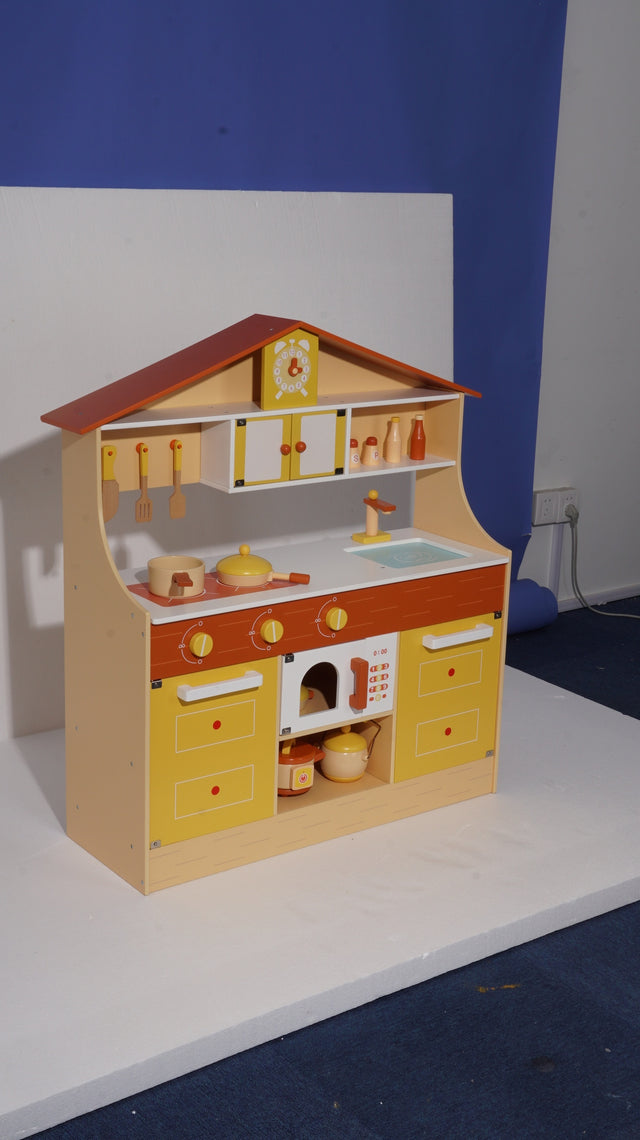 Wooden Pretend Play Kitchen Set for Kids Toddlers, Toys Gifts for Boys and Girls,Yellow