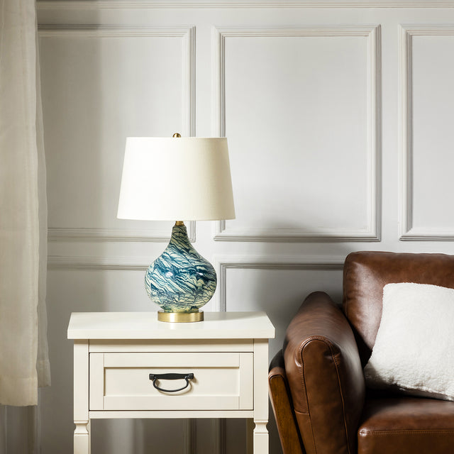 Pelion 20" Modern LED Bedside Table Lamp with Linen Shade and Glass Base