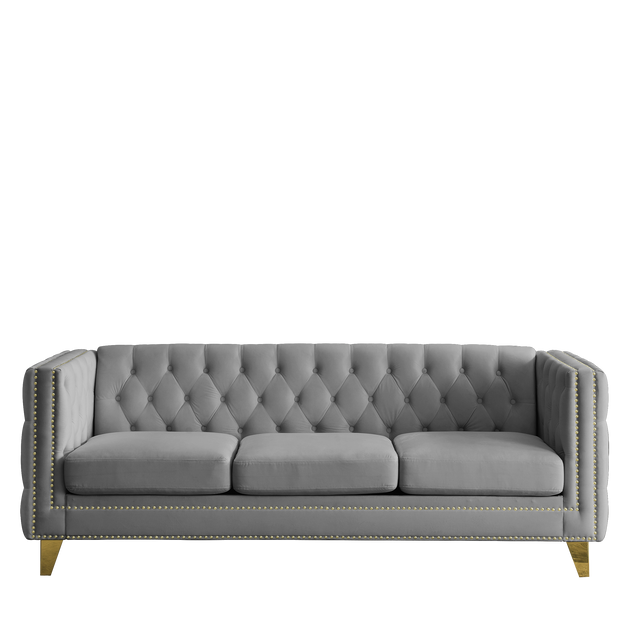 {Contact us for 3D modeling} Velvet Sofa for Living Room,Buttons Tufted Square Arm Couch, Modern Couch Upholstered Button and Metal Legs, Sofa Couch for Bedroom, Grey Velvet