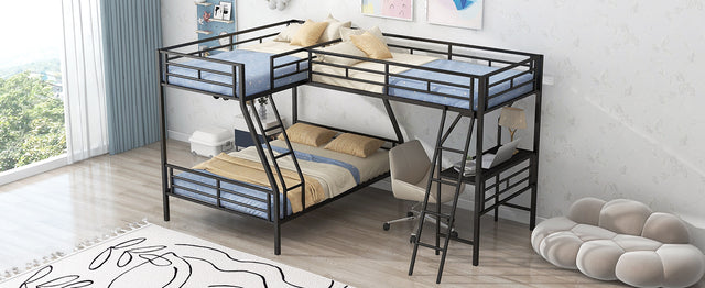 Twin over Full Bunk Bed with a Twin Size Loft Bed attached, with a Desk, Metal, Black