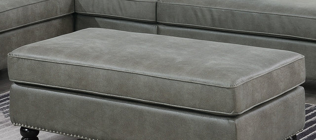 Living Room XL- Cocktail Ottoman Slate Grey Leatherette Accent Studding Trim Wooden Legs