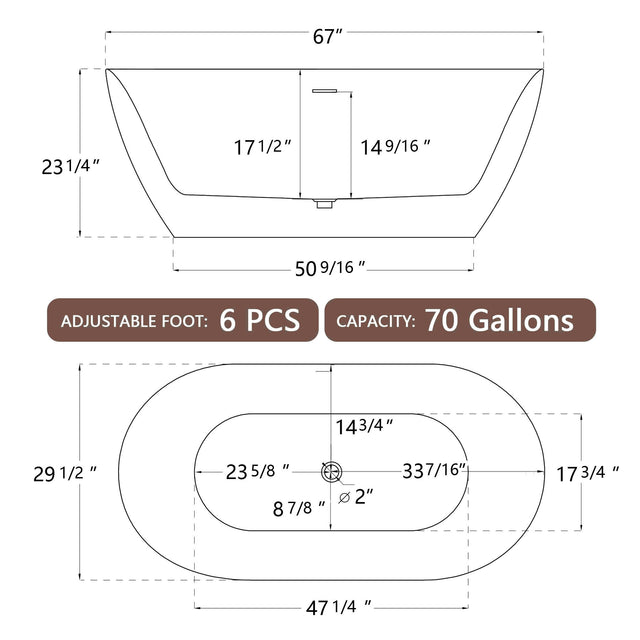 67" Acrylic Free Standing Tub - Classic Oval Shape Soaking Tub, Adjustable Freestanding Bathtub with Integrated Slotted Overflow and Chrome Pop-up Drain Anti-clogging Gloss White