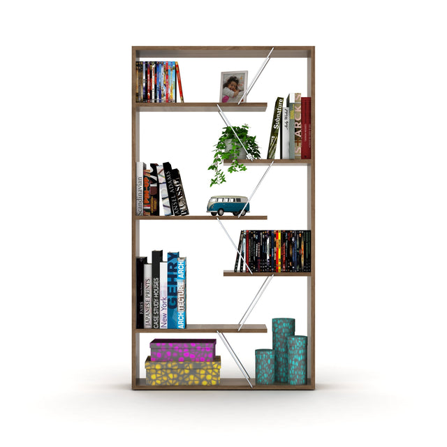 Furnish Home Store Wood Frame Etagere Open Back 6 Shelves Bookcase Industrial Bookshelf for Office and Living Rooms Modern Bookcases Large Bookshelf Organizer, Walnut/Chrome