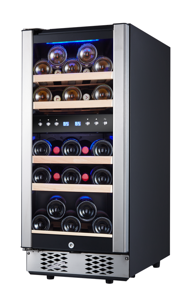 30 Bottles/15 Inch Dual Zone Low Noise Wine Cooler Refrigerator , Small Wine Refrigerator for Home Bar with Digital Temperature Control, Glass Front Doors and Interior Lighting