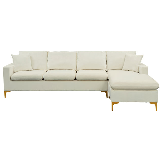 【EAT 3.10】110.6" Sectional Sofa with Ottoman, L-Shape Elegant Velvet Upholstered Couch with 2 Pillows for Living Room Apartment,Cream White