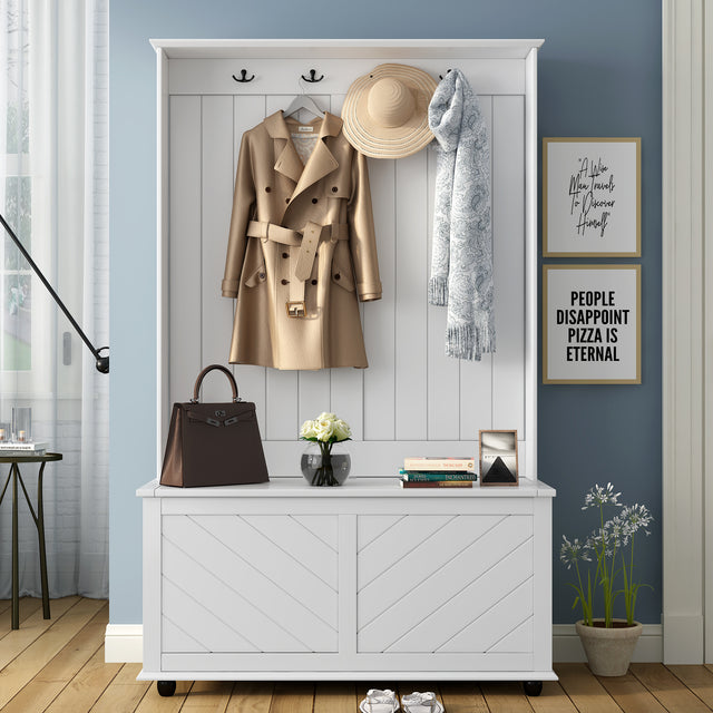 U-Can Hall Tree with 4 Hooks , Coat Hanger, Entryway Bench, Storage Bench, 3-in-1 Design, 40INCH, for Entrance, Hallway (White)