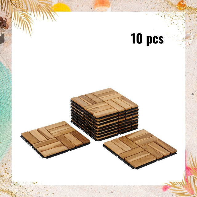 12" x 12" Square Teak Wood Interlocking Flooring Tiles Checker Pattern Pack of 10 Tiles