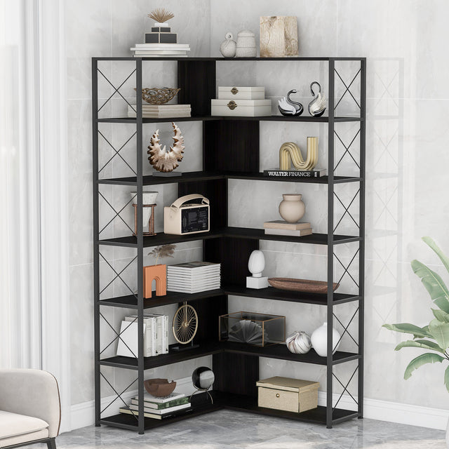 7-Tier Bookcase Home Office Bookshelf, L-Shaped Corner Bookcase with Metal Frame, Industrial Style Shelf with Open Storage, MDF Board