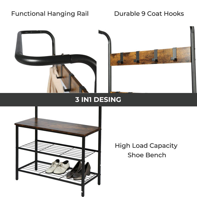 Hall Tree Coat Rack Shoe Bench with Hooks, 3-in1 Hall Tree Coat Shoe Rack Stand, 3-Tier Shoe Bench with Coat Hat Rack for Entryway Hall Foyer Mudroom Bedroom, Easy Assembly, Rustic Brown