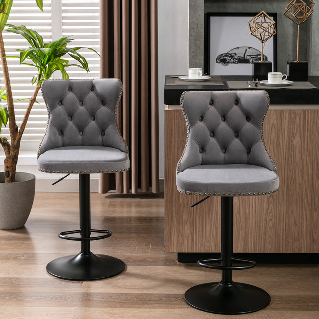 A&A Furniture,Swivel Velvet Barstools Adjusatble Seat Height from 25-33 Inch, Modern Upholstered Bar Stools with Backs Comfortable Tufted for Home Pub and Kitchen Island(Gray,Set of 2)