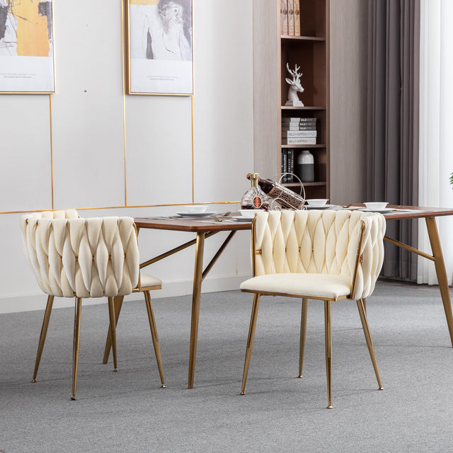 Modern Design Golden Metal Frame Velvet Fabric Dining Chair with Golden Legs,Set of 2,Ivory