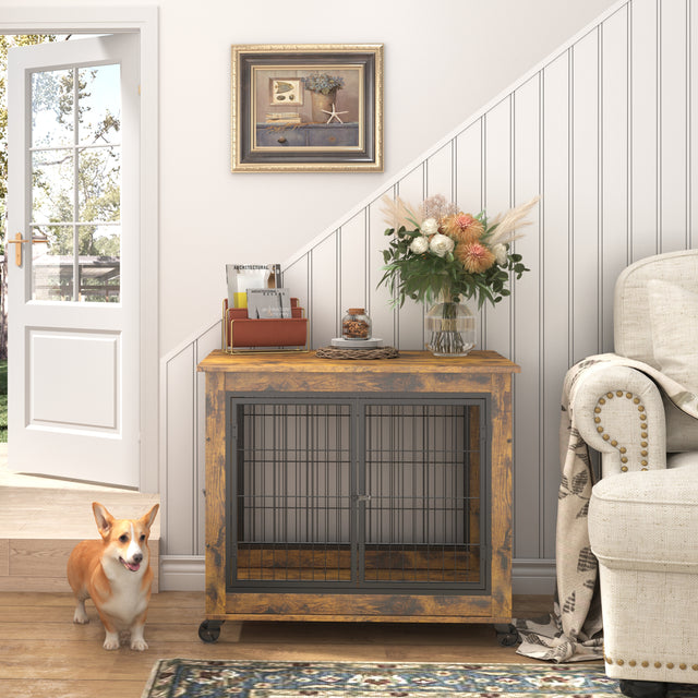 JHX Furniture Dog Cage Crate with Double Doors on Casters(Rustic Brown,31.50''W*22.05''D*24.8''H)