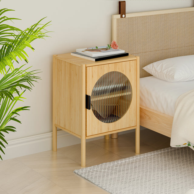 1 Door nightstand,Bamboo Mid Century Modern Nightstand,Bedside Table Accent End Table Side Table for Bedroom, Living Room, Natural