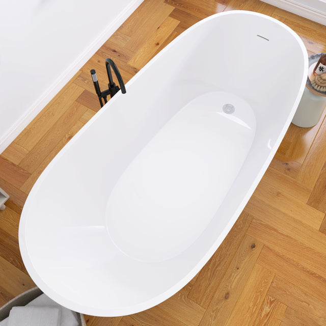 59" Acrylic Free Standing Tub - Classic Oval Shape Soaking Tub, Adjustable Freestanding Bathtub with Integrated Slotted Overflow and Chrome Pop-up Drain Anti-clogging Gloss White