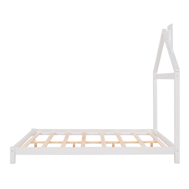 Full Size Wood Platform Bed with House-shaped Headboard (White)