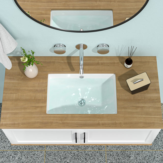 Bathroom Sink Rectangle Deep Bowl Pure White Porcelain Ceramic Lavatory Vanity Sink Basin with Overflow