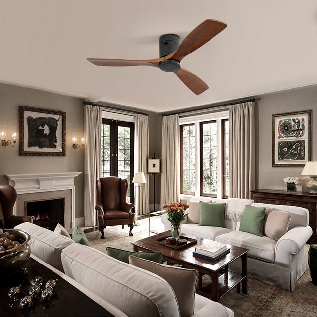 Low Profile Ceiling Fan DC 3 Carved Wood Fan Blade Noiseless Reversible Motor Remote Control Without Light