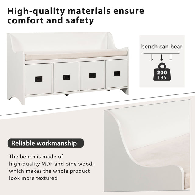 TREXM Movable Cushion Storage Bench with Drawers and Backrest for Entryway and Living Room(White)