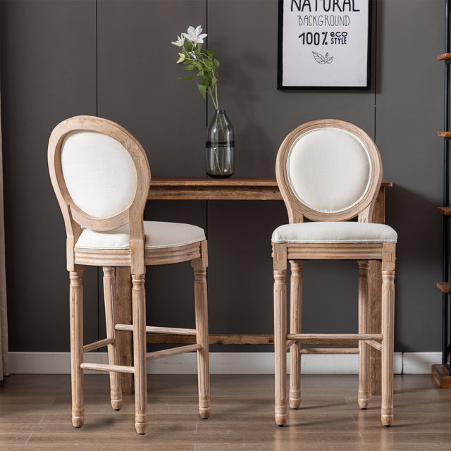 Hengming French Country Wooden Barstools With Upholstered Seating , Beige and Natural ,Set of 2