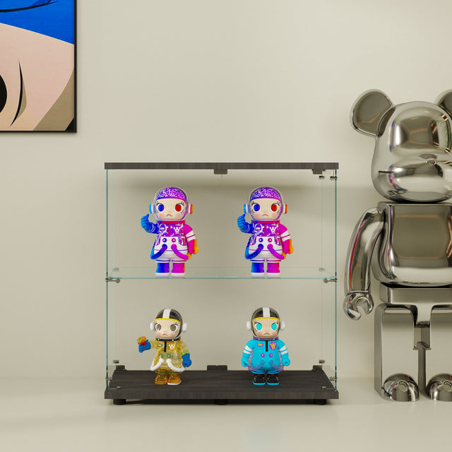 Two-door Glass Display Cabinet 2 Shelves with Door, Floor Standing Curio Bookshelf for Living Room Bedroom Office, 35.35” x 31.69”x 14.37”, Black