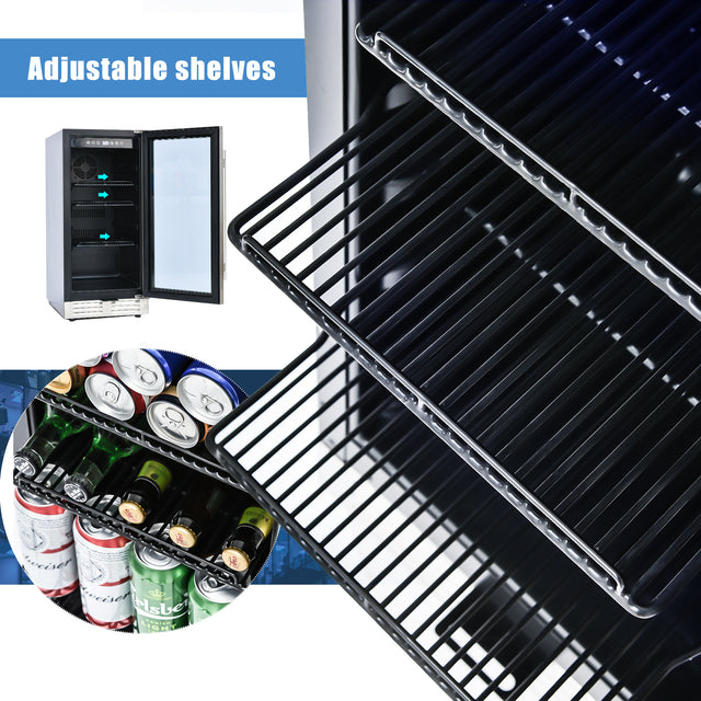 Built-in and Freestanding 15" Mini Beverage Refrigerator/Wine Cabinet, 120 Cans, 34-65°F, Quiet, Adjustable Shelves, LED Lighting, ETL , Touch Controls, Defrost, Double Glass Door, Kitchen/Bar /office