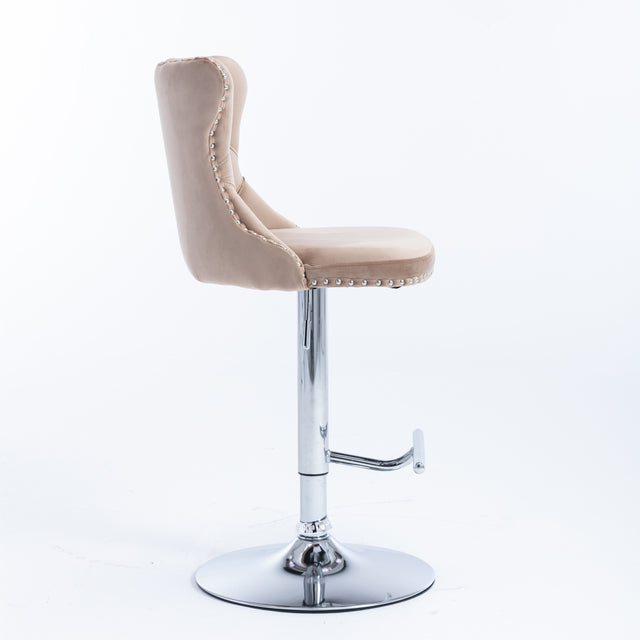 A&A Furniture,Swivel Velvet Barstools Adjusatble Seat Height from 25-33 Inch, Modern Upholstered Chrome base Bar Stools with Backs Comfortable Tufted for Home Pub and Kitchen Island(Khaki,Set of 2)