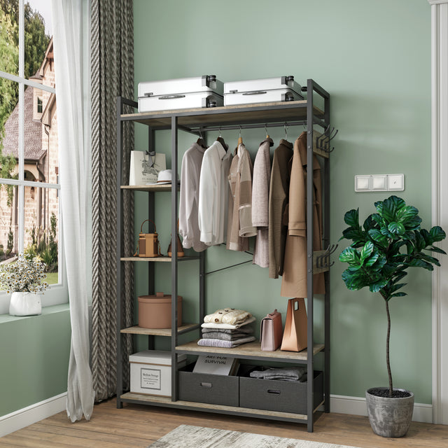 JHX Organized Garment Rack with Storage, Free-Standing Closet System with Open Shelves and Hanging Rod(Grey,45.3’’w x 15.75’’d x 70.08’’h).
