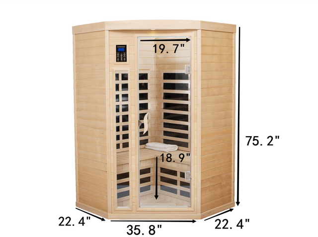Pentagonal Canadian hemlock sauna room.Far Infrared Sauna 7 Low EMF Heaters, Wooden Sauna Room 1600 Watt, Chromotherapy, Bluetooth Speaker, LCD, LED.Celsius can be converted to Fahrenheit.