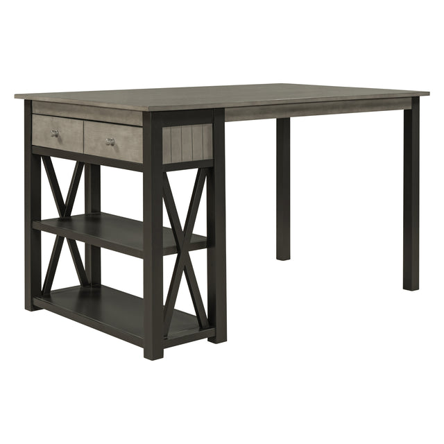 TOPMAX Rustic Wood 4-Piece Counter Height Dining Table Set with Storage Shelves and Drawer, Kitchen Table Set with 2 Stools and Bench, Gray