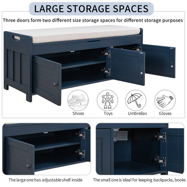 TREXM Storage Bench with 3 Shutter-shaped Doors, Shoe Bench with Removable Cushion and Hidden Storage Space (Antique Navy)