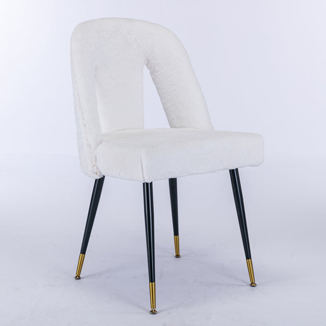 A&A Furniture,Akoya Collection Modern | Contemporary Rabbit Fur Fibre Upholstered Dining Chair with Nailheads and Gold Tipped Black Metal Legs, Cream White,Set of 2