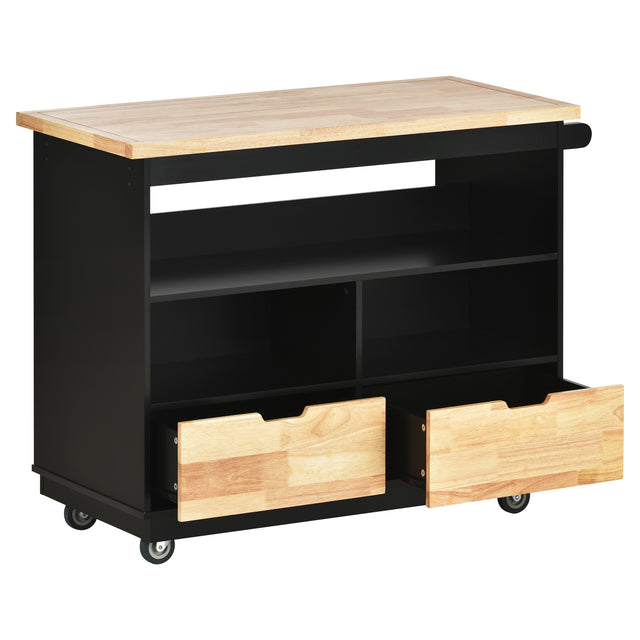 Kitchen Cart Rolling Mobile Kitchen Island Solid Wood Top, Kitchen Cart With 2 Drawers,Tableware Cabinet,Black