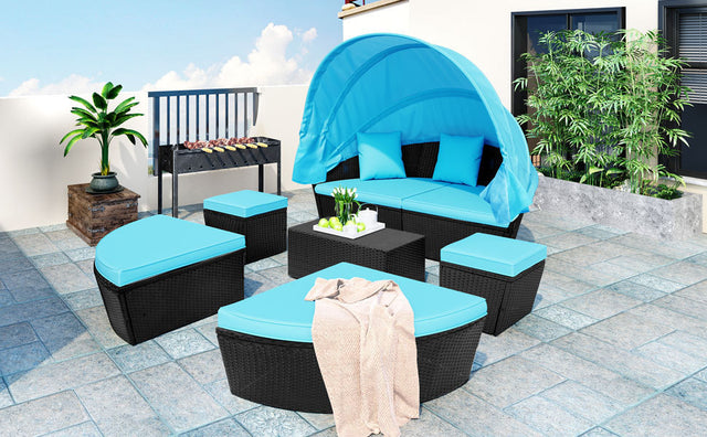 Outdoor rattan daybed sunbed with Retractable Canopy Wicker Furniture, Round Outdoor Sectional Sofa Set, black Wicker Furniture Clamshell Seating with Washable Cushions, Backyard, Porch, Blue.