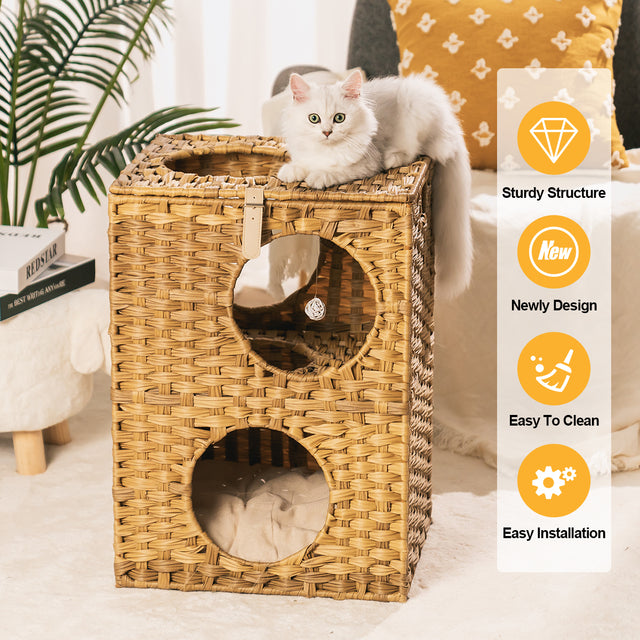 Rattan Cat Litter,Cat Bed with Rattan Ball and Cushion,Brown