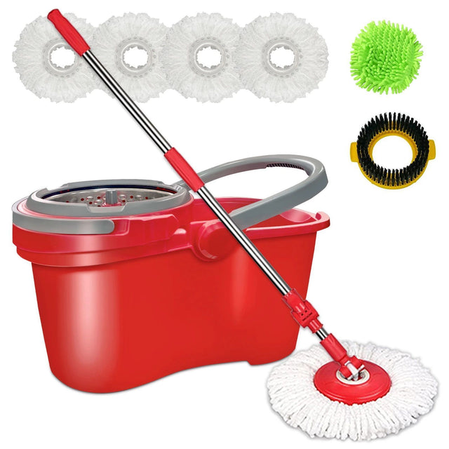 Spin Mop and Bucket with Wringer Set - for Home Kitchen Floor Cleaning - Wet/Dry Usage on Hardwood & Tile - Upgraded Self-Balanced Easy Press System with 2 Washable Microfiber Mops Heads