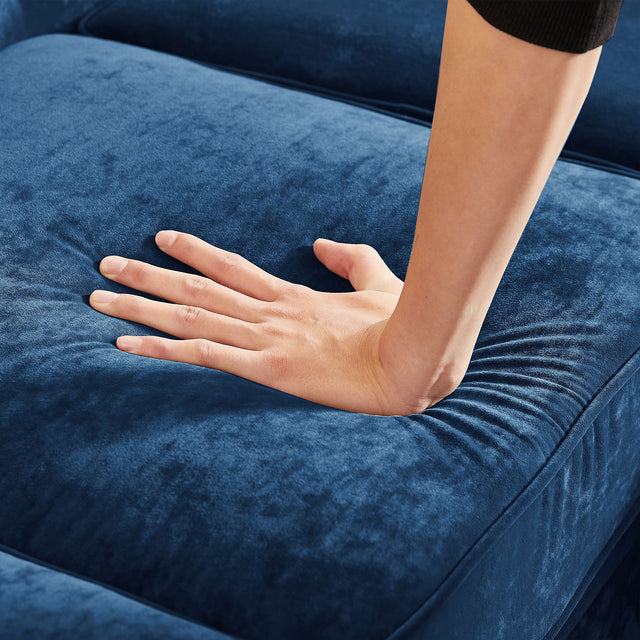 MH 80" Deep Button Tufted Upholstered Roll Arm Luxury Classic Chesterfield L-shaped Sofa 3 Pillows Included, Solid Wood Gourd Legs, Blue velvet