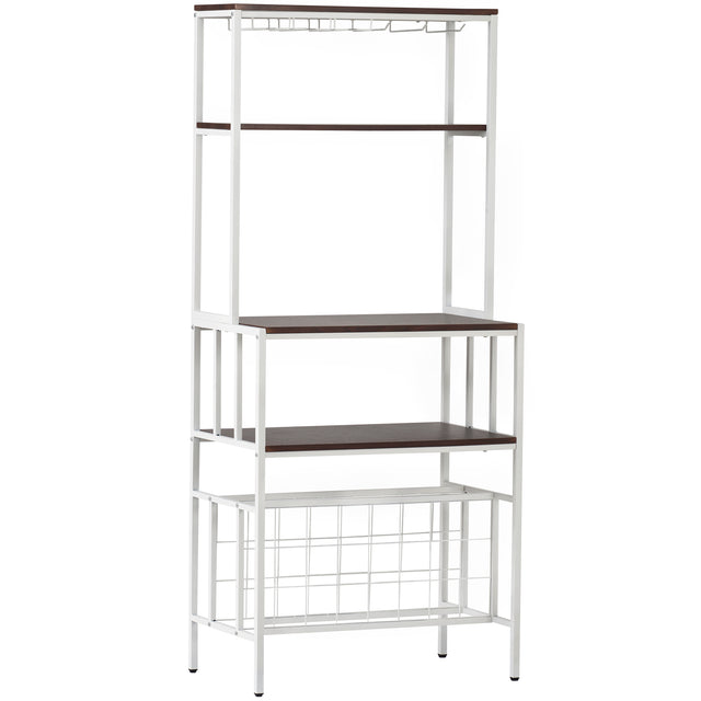 TOPMAX Updated Industrial Modern 5-Tier Baker Rack, Freestanding Bar Wine Rack Table with Glass& Cup Holders&Hooks, Dark Brown