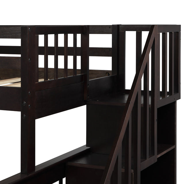 Stairway Twin-Over-Full Bunk Bed with Twin size Trundle, Storage and Guard Rail for Bedroom, Dorm, for Adults, Espresso (OLD SKU :LP000119AAP)