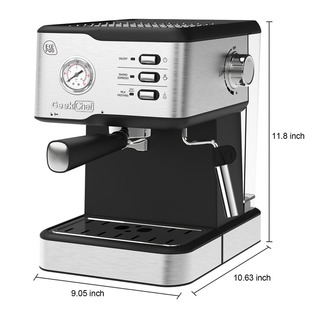 Geek Chef Espresso Machine,Espresso and Cappuccino latte Maker 20 Bar Pump Coffee Machine Compatible with pressure gauge&Milk Frother Steam Wand,stainless steel,1.5L Water ,Complimentary ESE FilterTan