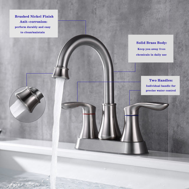 2-Handle 4-Inch Brushed Nickel Bathroom Faucet, Bathroom Vanity Sink Faucets with Pop-up Drain and Supply Hoses