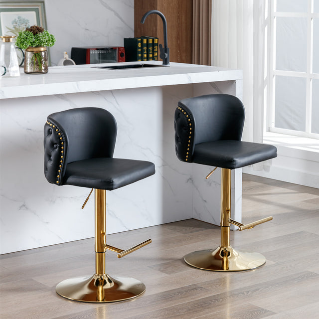 A&A Furniture,Swivel Barstools Adjusatble Seat Height, Modern PU Upholstered Bar Stools with the whole Back Tufted, for Home Pub and Kitchen Island(Black, Set of 2)