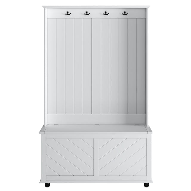 U-Can Hall Tree with 4 Hooks , Coat Hanger, Entryway Bench, Storage Bench, 3-in-1 Design, 40INCH, for Entrance, Hallway (White)