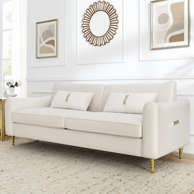 80.3" Modern Sofa Couch Upholstered Sofa Tufted Back Comfy Velvet Long Couch with 2 Pillows and Golden Legs for Living Room, Bedroom, Office, Apartment, Beige