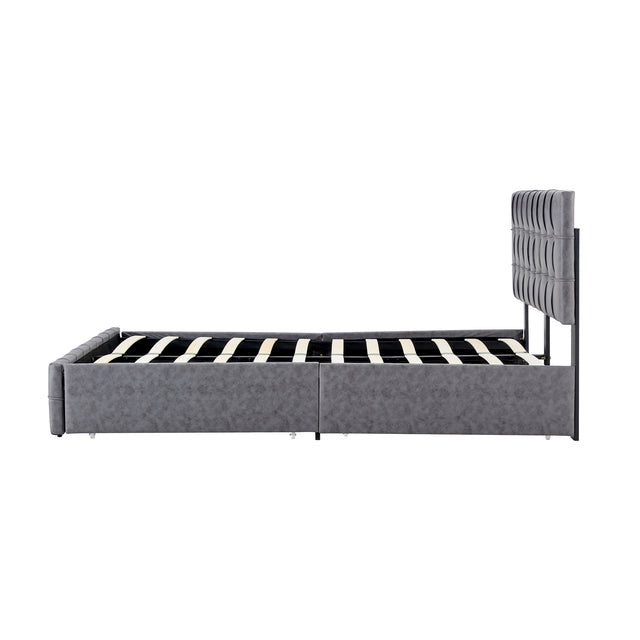 Hot Sale Queen Size Dark Grey Tech cloth Button Embedded Adjustable Headboard Height Upholstered Platform Bed Frame with Storage Drawers