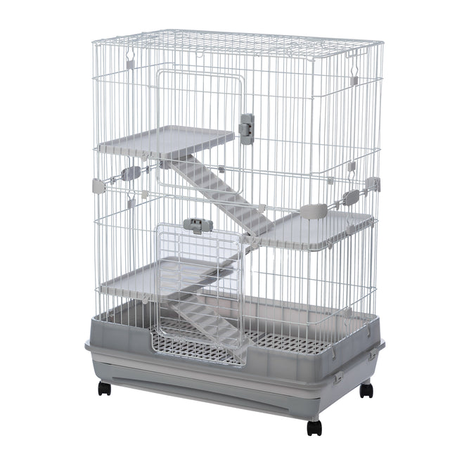 4-Tier 32"Small Animal Metal Cage Height Adjustable with Lockable Casters Grilles Pull-out Tray for Rabbit Chinchilla Ferret Bunny Guinea Pig Squirrel Hedgehog(GREY)(=OLD SKU:W69133215)