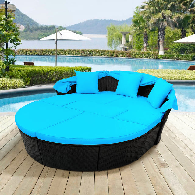 Outdoor rattan daybed sunbed with Retractable Canopy Wicker Furniture, Round Outdoor Sectional Sofa Set, black Wicker Furniture Clamshell Seating with Washable Cushions, Backyard, Porch, Blue.