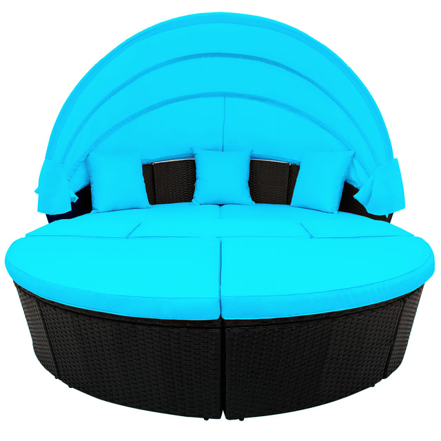 Outdoor rattan daybed sunbed with Retractable Canopy Wicker Furniture, Round Outdoor Sectional Sofa Set, black Wicker Furniture Clamshell Seating with Washable Cushions, Backyard, Porch, Blue.