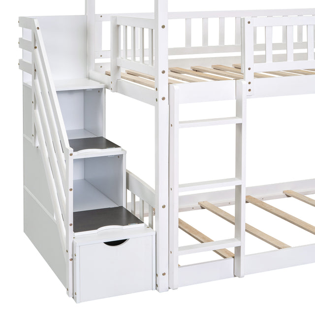 Twin Over Twin Bunk Bed with Drawers and Slide, House Bed with Slide,White(OLD SKU :LT000215AAK)